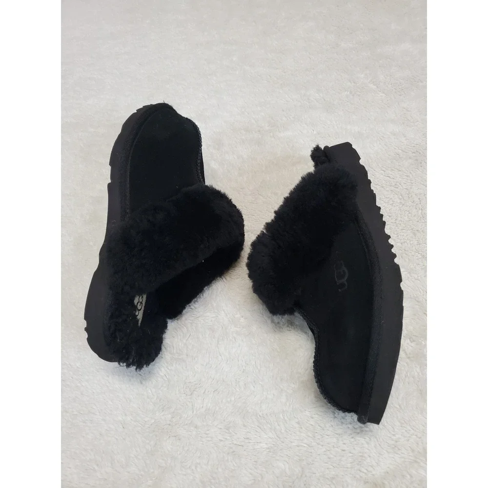 Ugg Black Suede Slip On Faux fur lining Slides Slipper Shoes 4 Casual Cozy Logo
